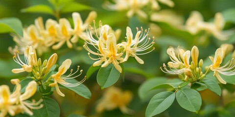 Obraz premium Lonicera periclymenum, known as honeysuckle, is a beautiful and fragrant flowering plant. This honeysuckle variety adds charm to gardens and natural landscapes with its lovely blooms.