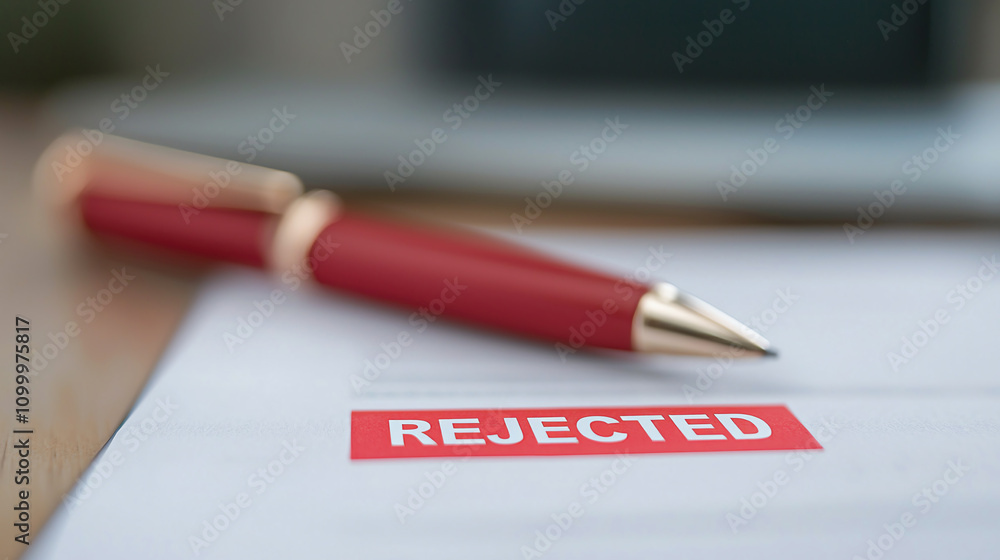 Poster business form with large red rejected mark, symbolizing disappointment and rejection in professional