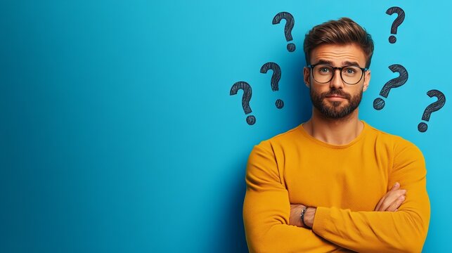 Pensive Caucasian man with glasses in a yellow sweater, looking confused against a bright blue background with question marks around him.