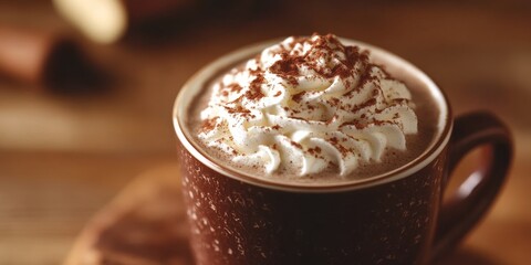 Close up of a cup of cocoa topped with cinnamon and whipped cream, showcasing the rich textures and delightful flavors of cocoa in a vertical presentation. A perfect treat for cocoa lovers.