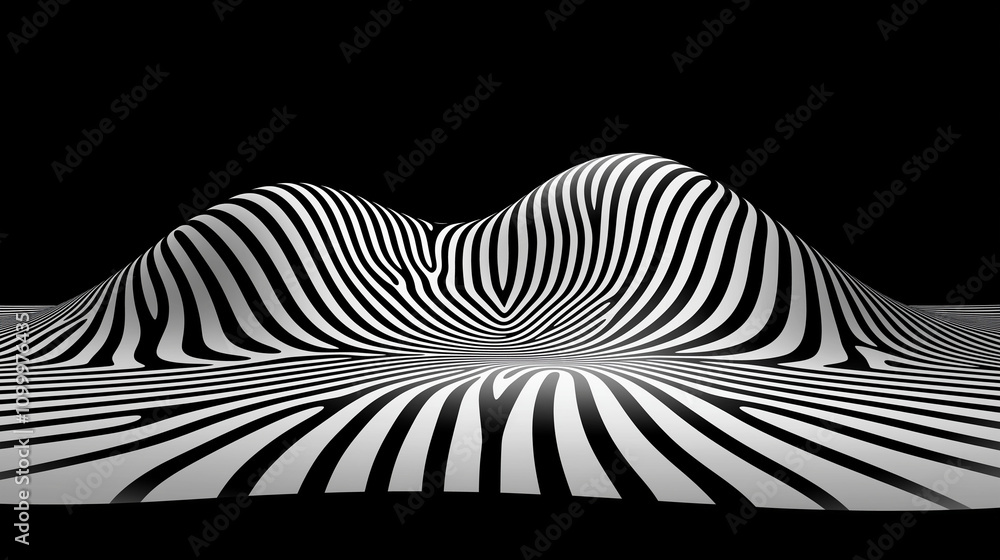 Poster optical illusion landscape: black and white stripes create a mesmerizing, three-dimensional landscap