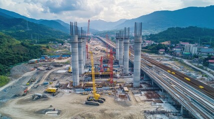 Fototapeta premium A large construction site with towering bridge pillars and machinery for the China high-speed railway from Bangkok to Nakhon Ratchasima