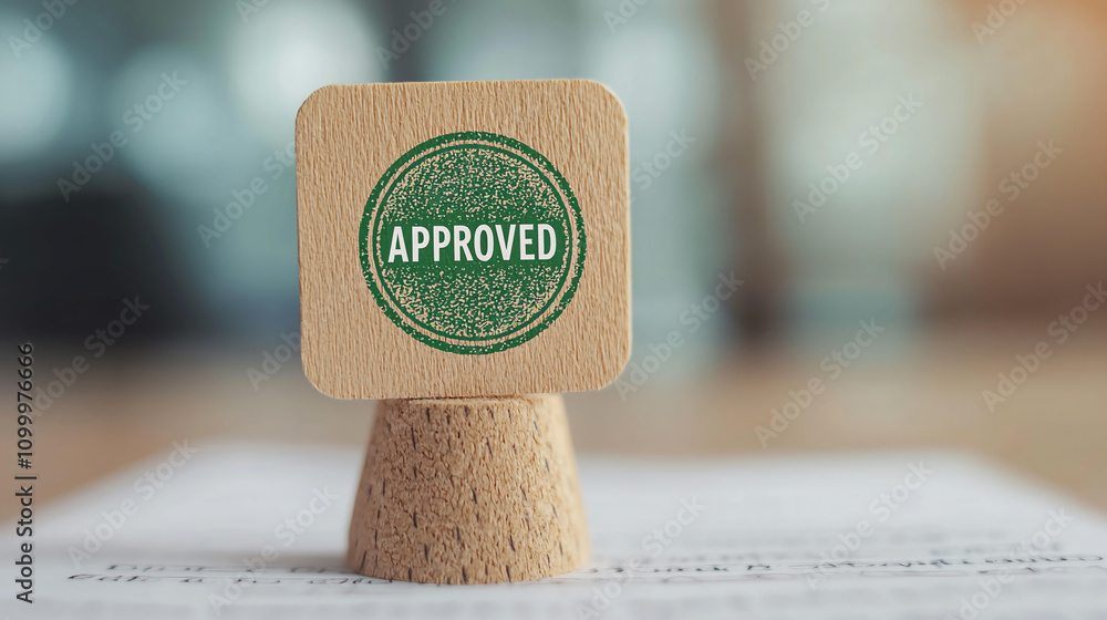 Poster approved stamp on cork base in office environment, symbolizing validation and acceptance. this conve