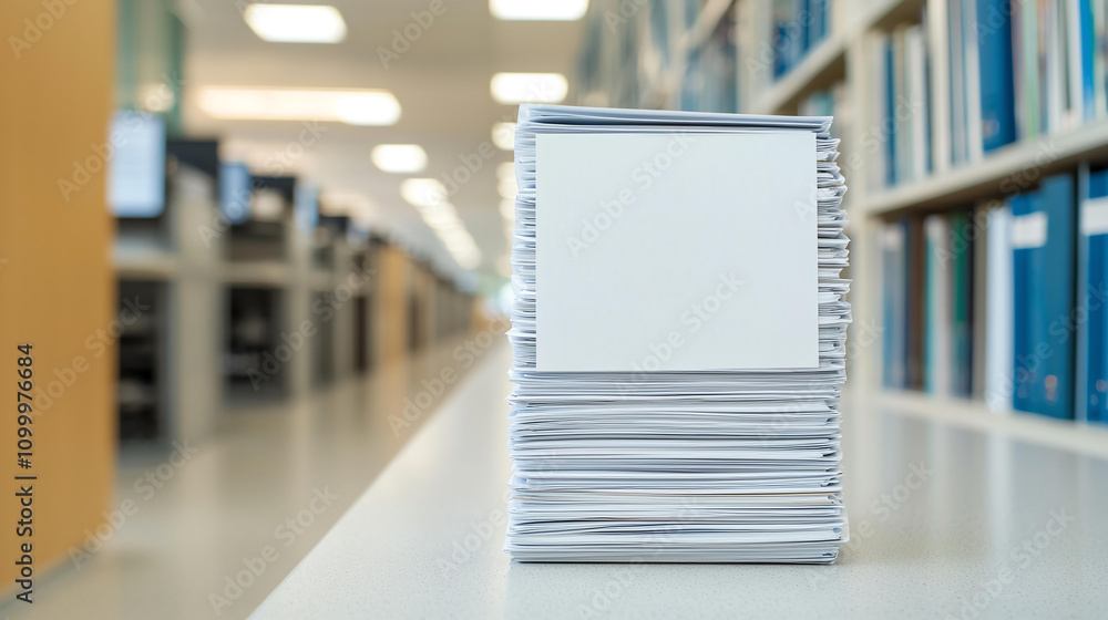 Poster stack of blank documents on table in modern office environment, surrounded by shelves filled with fi