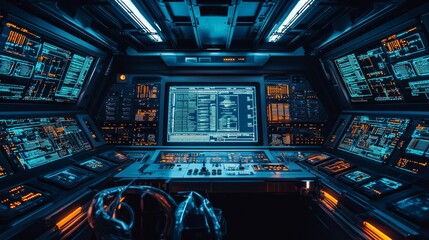 Obraz premium Futuristic control room sci-fi setting digital interface high-tech environment immersive view technology innovations