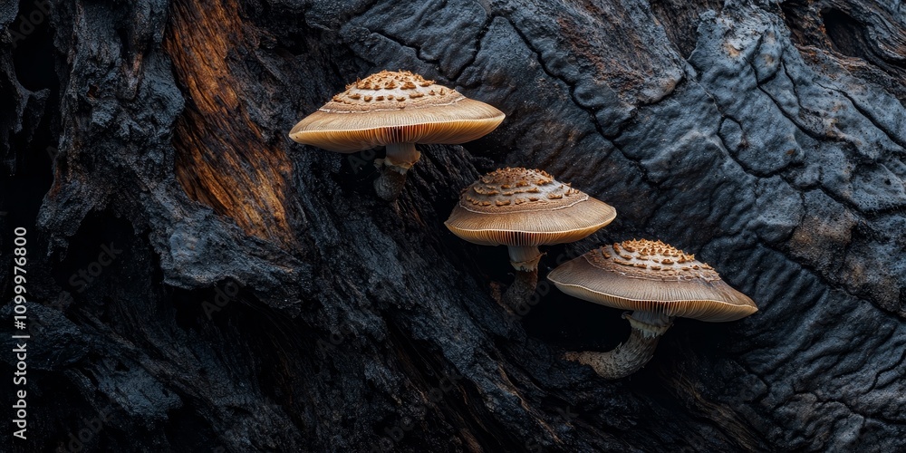 Poster mushrooms thriving on a dark tree trunk, showcasing the unique appearance and relationship between m