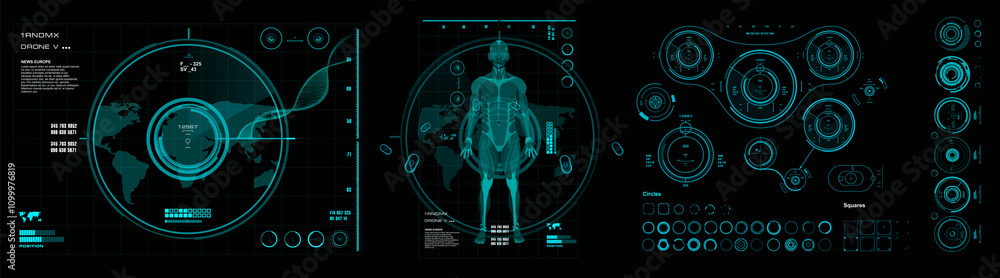 Poster futuristic graphic set of hud elements with parameters and digital figure of person. futuristic illu