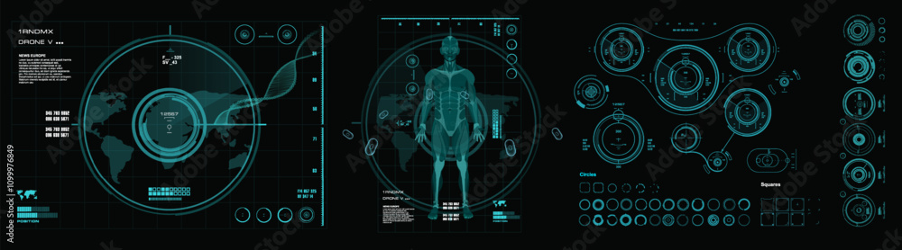 Aufkleber futuristic graphic set of hud elements with parameters and digital figure of person. futuristic illu