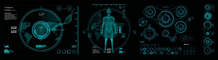 Futuristic graphic set of HUD elements with parameters and digital figure of person. Futuristic illustration with scanned biometric human figure in HUD style for personal user interface