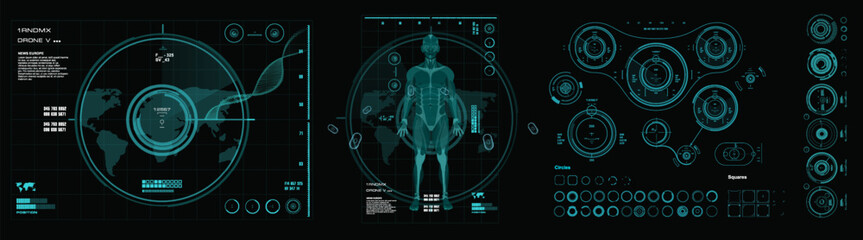 Futuristic graphic set of HUD elements with parameters and digital figure of person. Futuristic illustration with scanned biometric human figure in HUD style for personal user interface