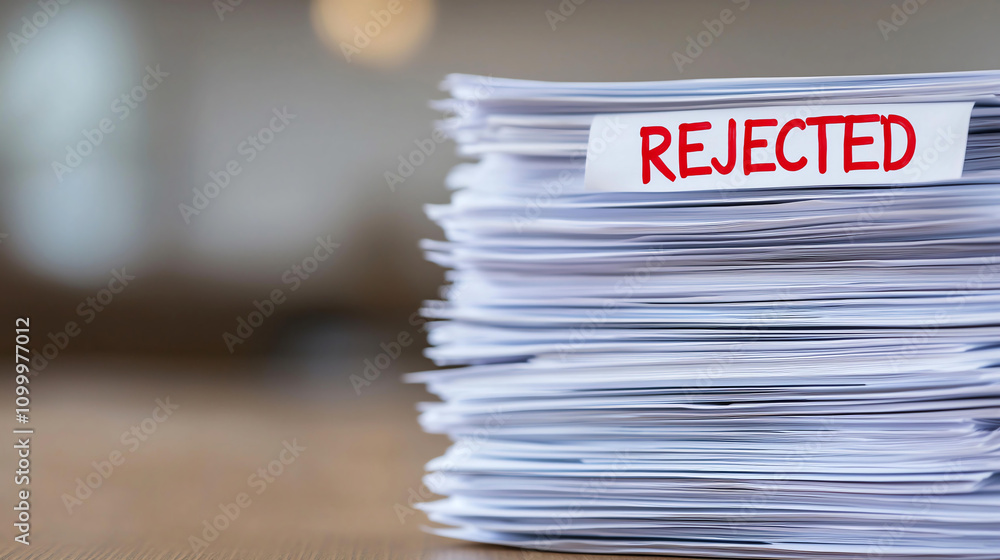 Poster stack of documents marked rejected in red, showcasing disorganization and frustration. this captures