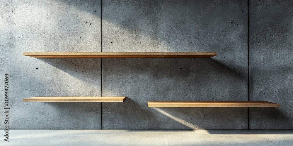 Aufkleber empty shelves against a concrete wall create a striking visual of minimalism and space. the empty sh