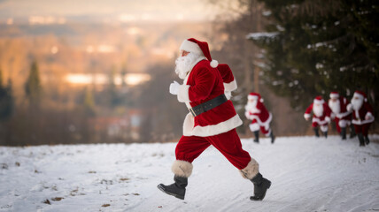A man dressed as Santa Claus runs through a winter forest. The traditional annual Santa Run.