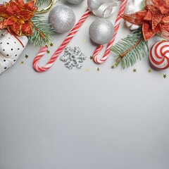 Elegant Christmas decorations on silver background. Flat lay, top view, copy space. Xmas banner...