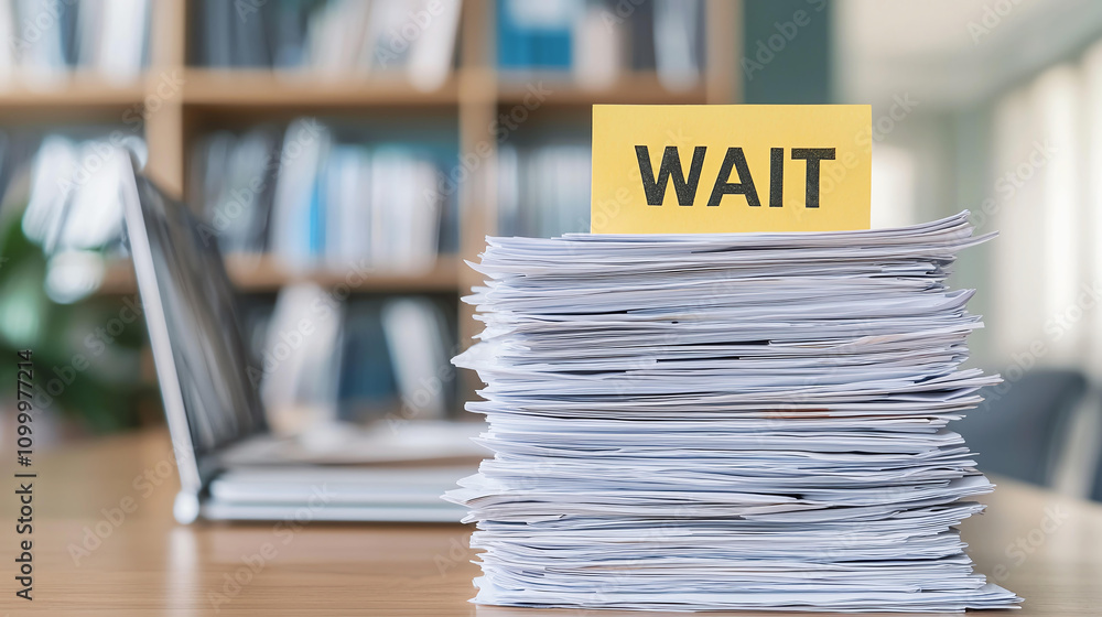 Poster stack of documents with yellow wait stamp, organized on desk. background features blurred office set