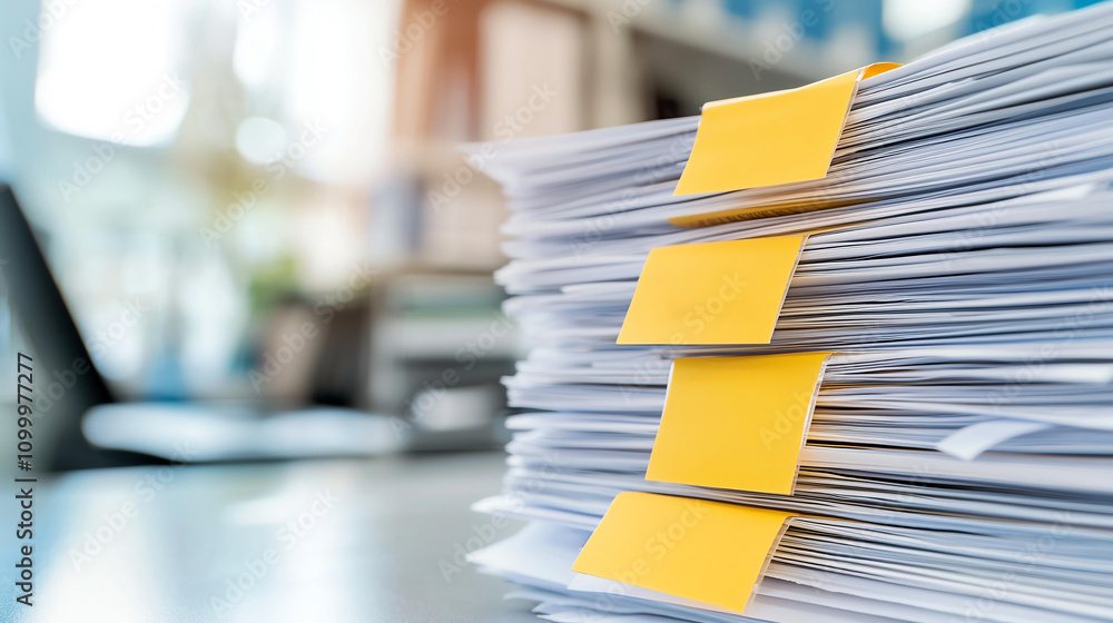 Poster organized stack of documents with yellow sticky notes for easy reference. this captures essence of e