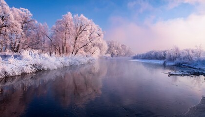 Сhristmas Lace.Winter landscape in pink tones with hoarfrost everywhere.Mostly calm winter river, surrounded by trees covered with hoarfrost and snow that falls on a beautiful pink morning ... 
