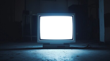 Illuminated vintage television set abandoned room photography dark environment front view nostalgia concept