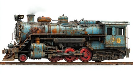 Obraz premium Rusty blue vintage steam locomotive on tracks, isolated on white.