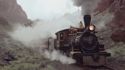 Naklejka premium Vintage Steam Train Through Mountainous Landscape