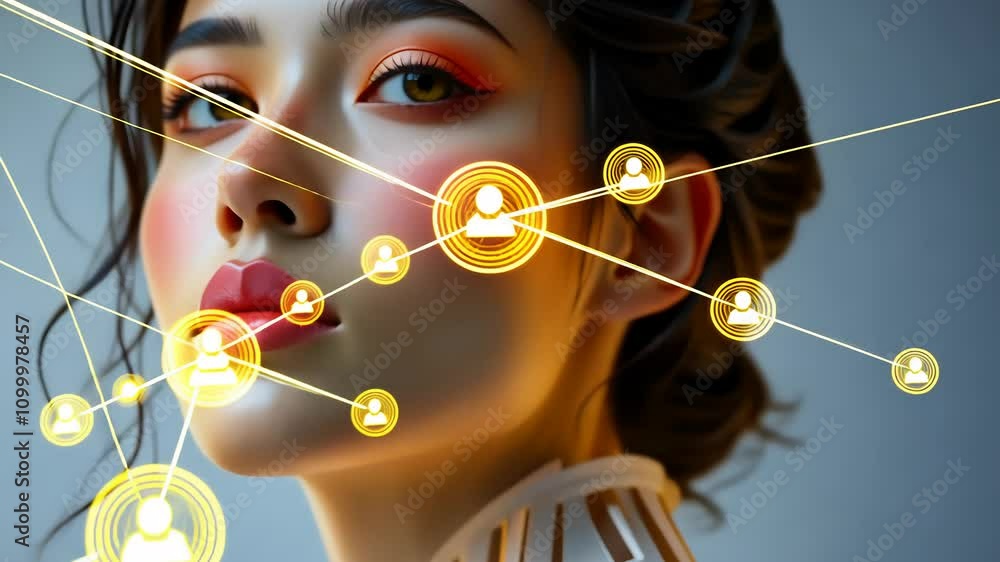 Poster futuristic network interface overlay on woman's face with dynamic light patterns