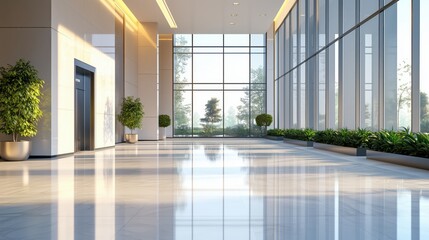 Obraz premium Realistic photograph of an office lobby, bright daylight, with a sleek design incorporating neutral tones, modern architecture, and a polished reception area, no harsh shadow, no people