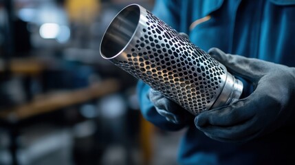 A mechanic holds a three-way catalytic converter, displaying its metallic casing and intricate honeycomb interior