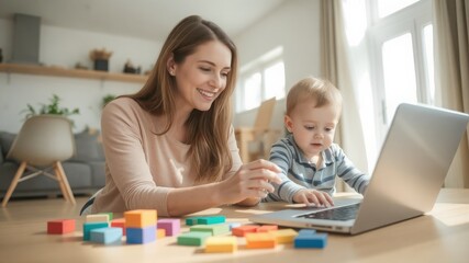 Working Mom and Baby's Tech Time: A joyful image of a mother and her baby interacting with a laptop, motivated by colorful building blocks.