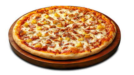 A Full Hawaiian Pizza with Ham and Pineapple on Wooden Tray, 75 Degree Angle Shot with PNFG Background