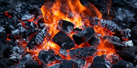 Experience the intense heat and mesmerizing flames of a coal fire, with burning coals dancing in a bonfire. The coal fire creates a captivating display of warmth and light.