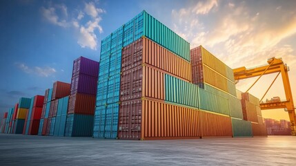 Fototapeta premium Colorful Shipping Containers Stacked High At A Port