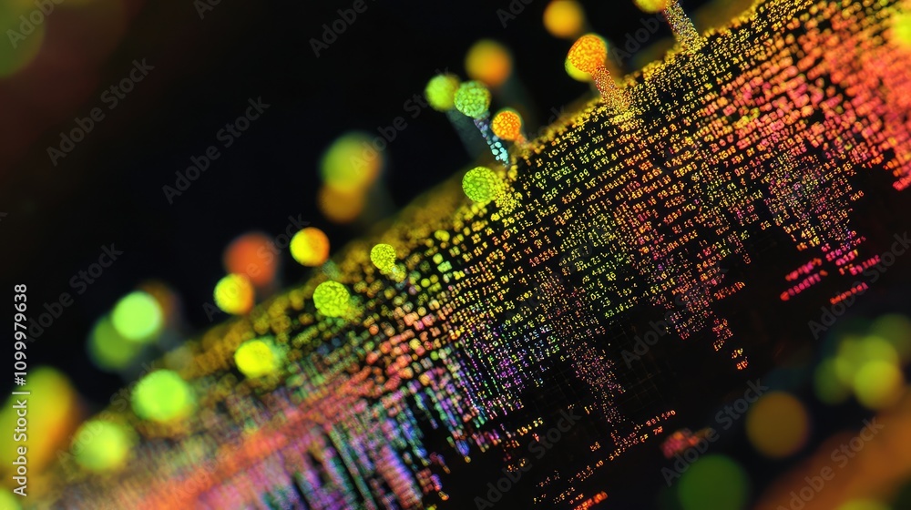 Poster binary code appearing like organic structures when magnified, a combination of data and biology