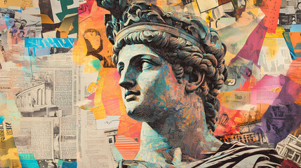 Fototapeta premium Trendy psychedelic paper collage with greek statue and vintage clippings from old newspapers and magazines. ai generation. Popart. Illustration