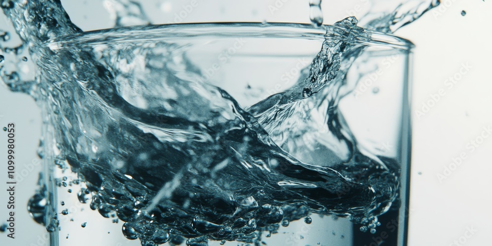 Poster close up of water pouring and splashing from a glass, creating dynamic and refreshing visuals. this 