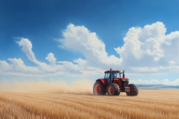 Obraz premium Tractor working in golden wheat field under a bright blue sky filled with clouds