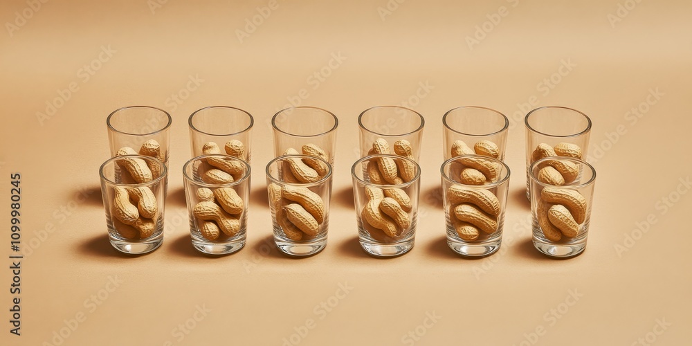 Poster high angle view of peanuts in glasses showcased on a brown background, with an emphasis on the delig