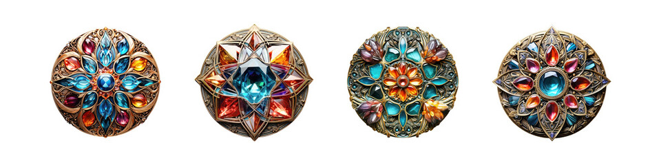Mystic Jewels. Crystal Mandalas in Vibrant Colors on White Transparent Background