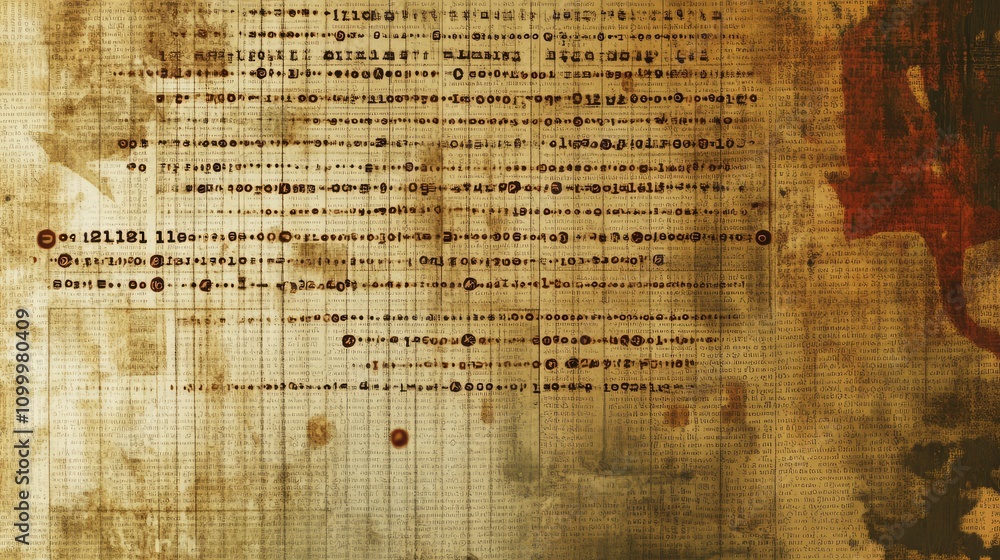 Poster binary code overlaid on a worn vintage map, combining historical elements with modern data aesthetic