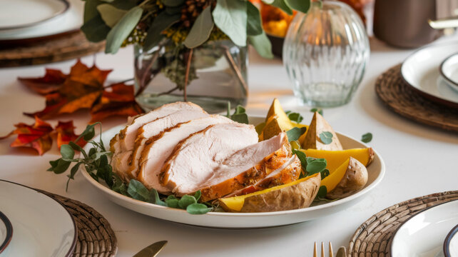 Slices of roasted turkey on a plate with greens and potatoes. Thanksgiving holiday table.