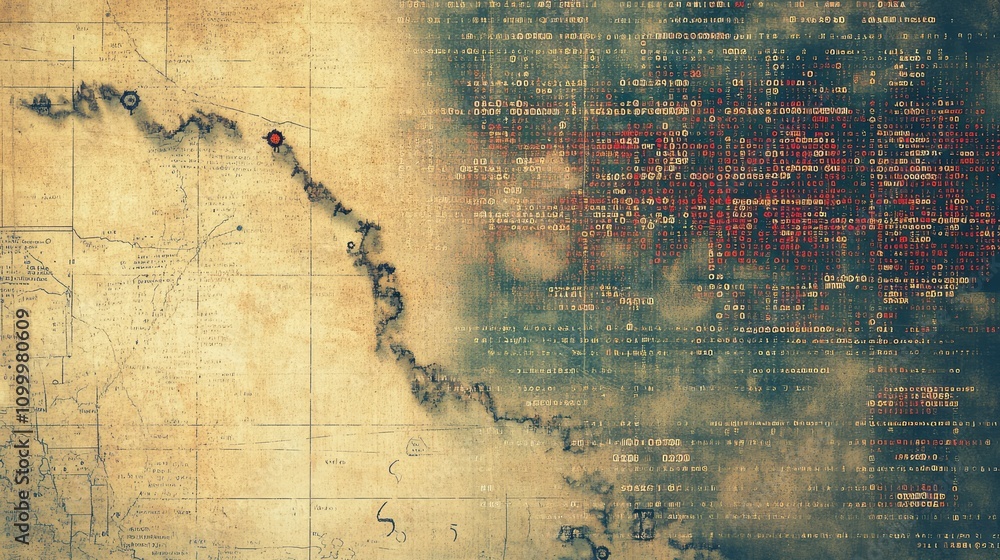 Poster binary code overlaid on a worn vintage map, combining historical elements with modern data aesthetic