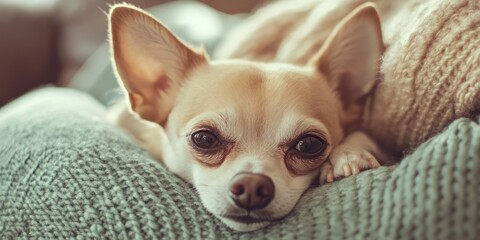 Adorable Chihuahua resting on a woman s lap, featuring a sad expression and a charming retro vintage filter, perfectly capturing the essence of a cute moment with a Chihuahua.