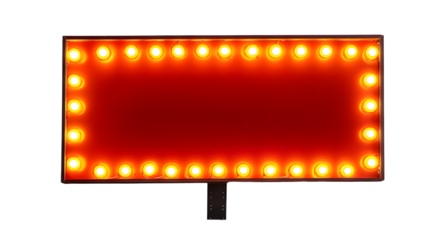 Red retro billboard lightbox or blank shining signboard with yellow glowing neon light bulbs isolated on white wall background with shadow