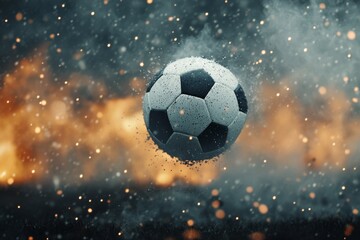 Naklejka premium Soccer ball mid flight toward goal in an intense match atmosphere at sunset