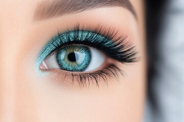 Obraz premium A woman displays her eye with striking turquoise eyeshadow that enhances her natural features