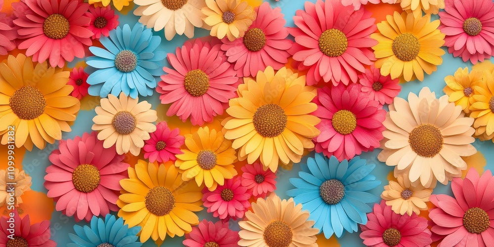 Poster flower pattern displayed from a top view on colorful paper creates a vibrant background. this flower