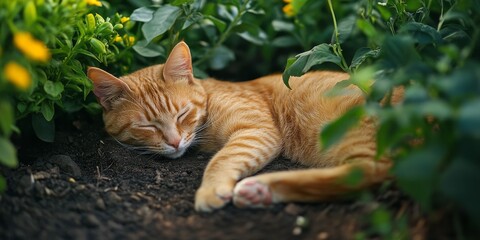 Sleepy orange cat resting on the ground amidst vibrant greenery in the garden, capturing the serene moment of an orange cat enjoying a peaceful nap outside.