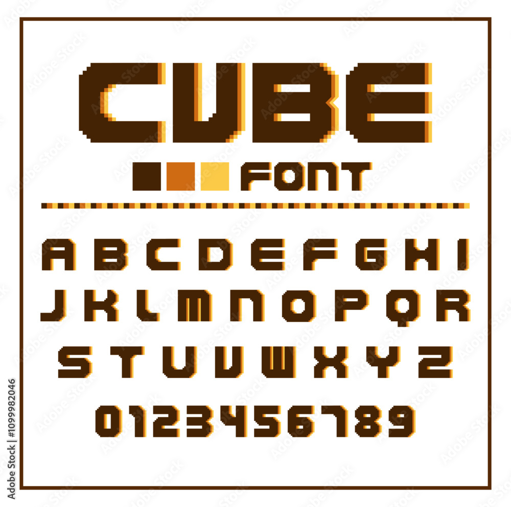 Poster pixel arcade video alphabet. 8-bit style letters and numbers. retro computer gaming design. 80s and 