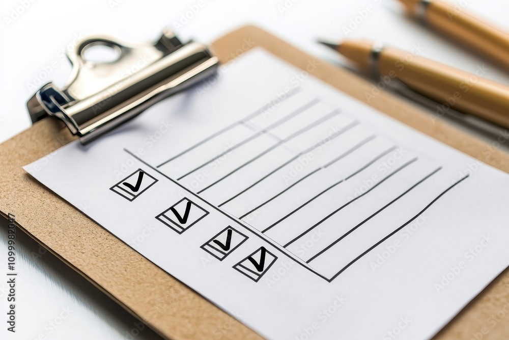 Aufkleber goal setting discipline concept. checklist with checkboxes on a clipboard and pens on a table.