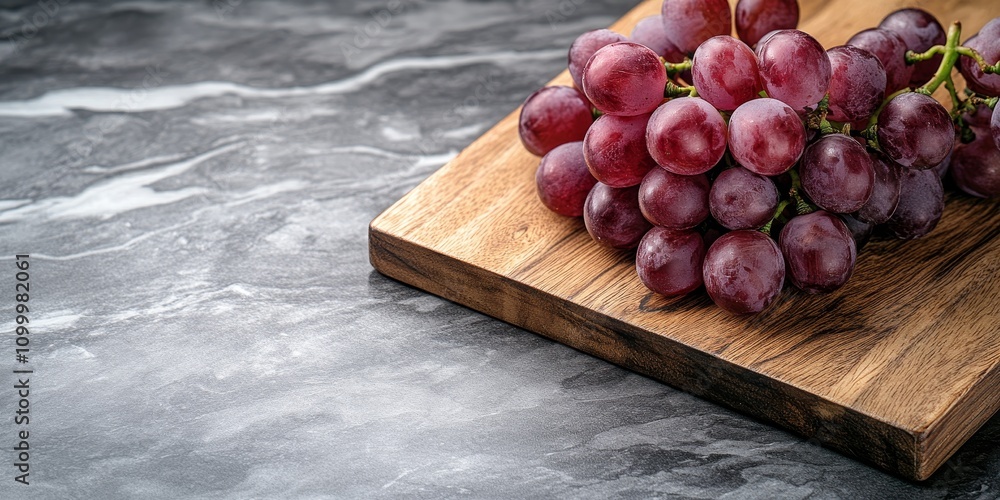 Poster fresh red grape resting on a cutting board, showcasing the vibrant color and texture of the red grap