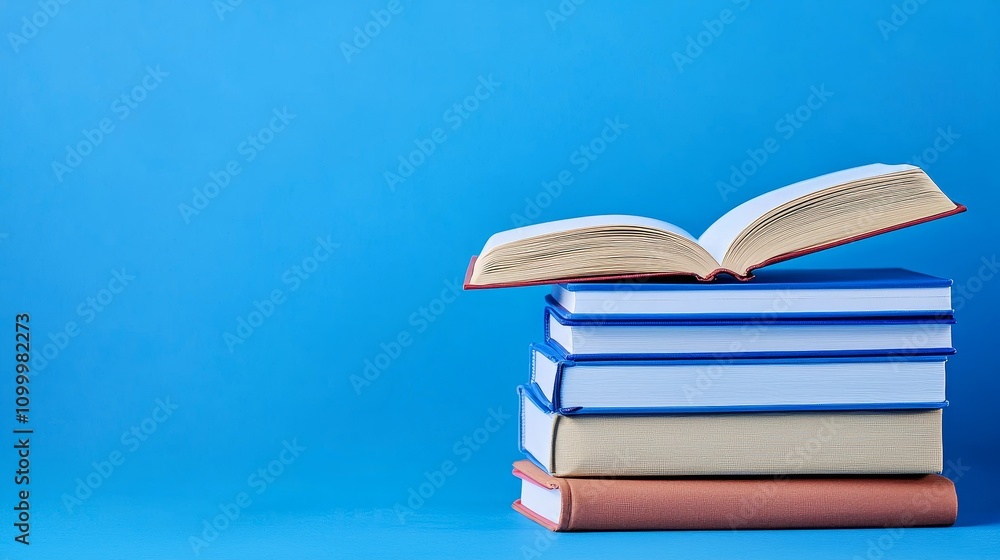 Poster goal setting discipline concept. stack of colorful books with an open book on top against a blue bac